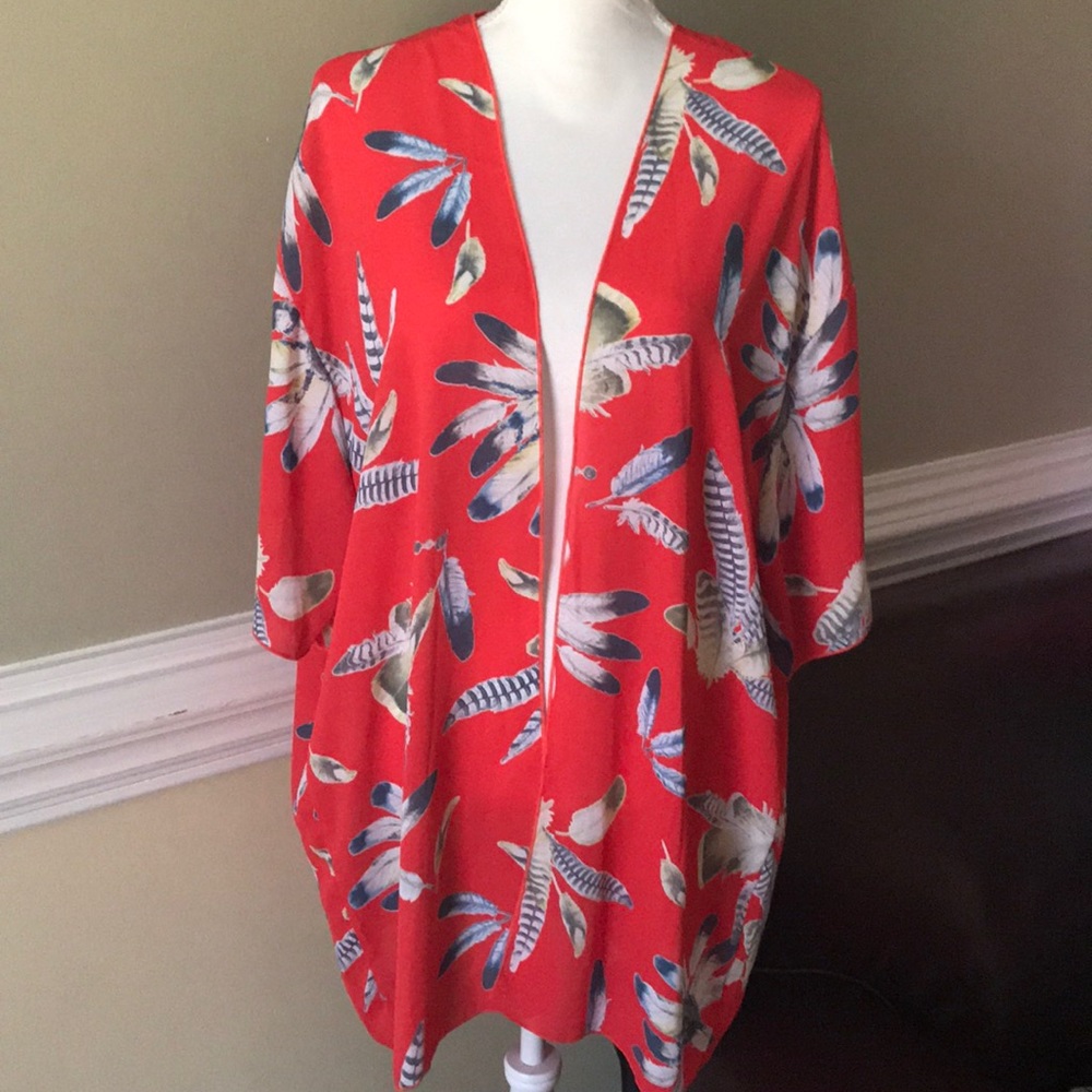 XL Red with feathers sheer cover-up kimono